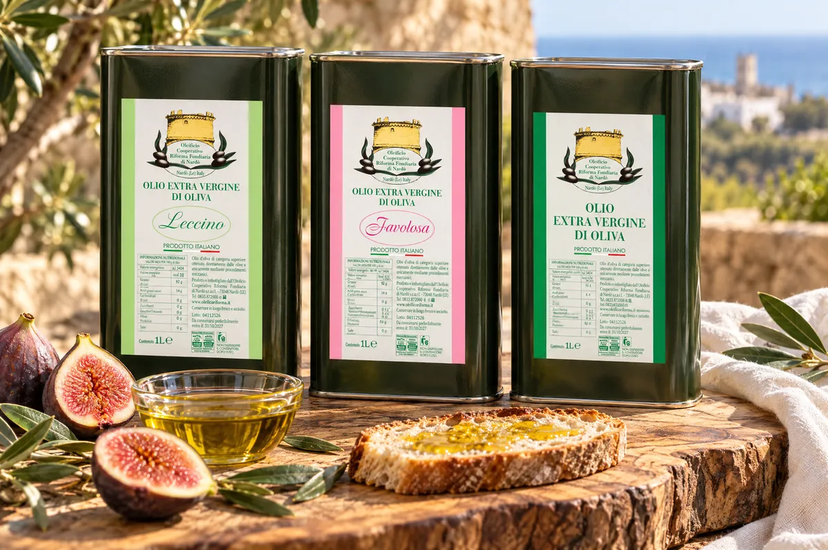 Lattine di olio extravergine di oliva dell'Oleificio Cooperativo di Nardò