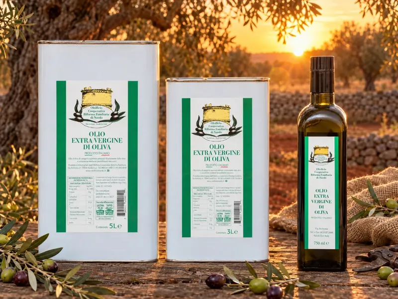 Olio extravergine di oliva dell'Oleificio Cooperativo di Nardò in lattina da 5L e 3L e bottiglia