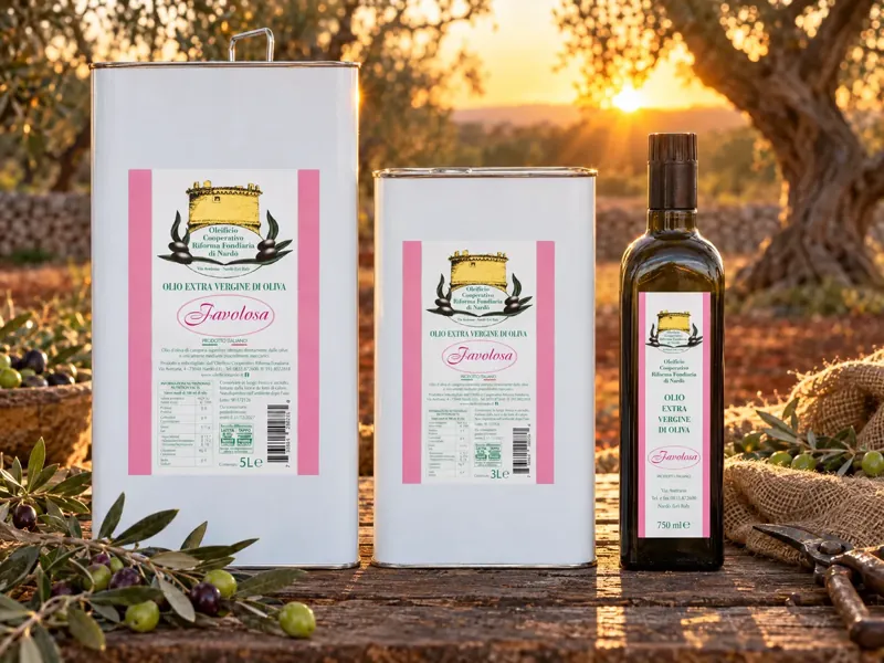 Olio extravergine monocultivar Favolosa in lattina e bottiglia