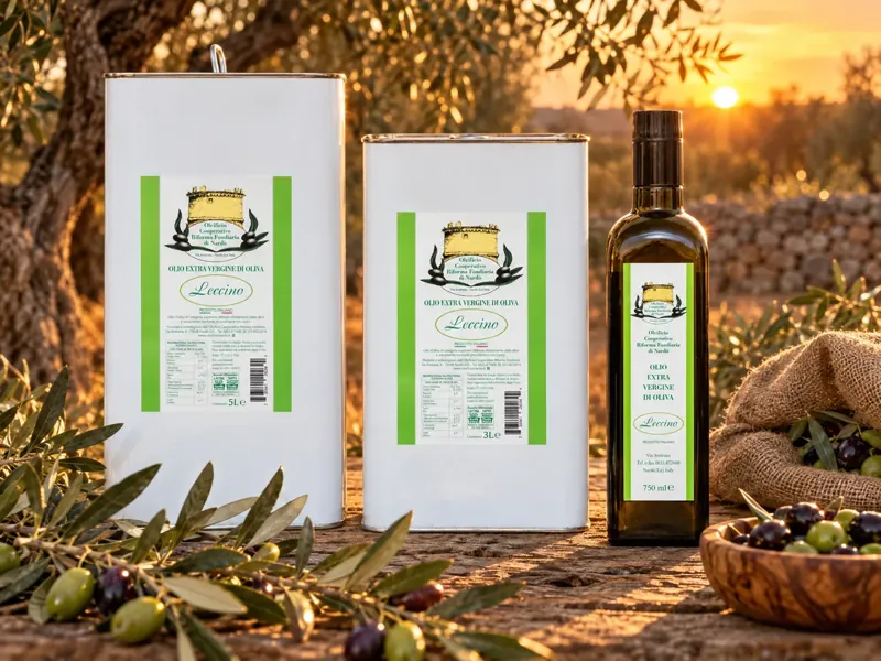 Olio extravergine monocultivar Leccino in lattina e bottiglia