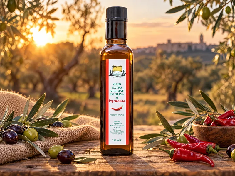 Olio extravergine di oliva al peperoncino in bottiglia da 250ml tra gli ulivi